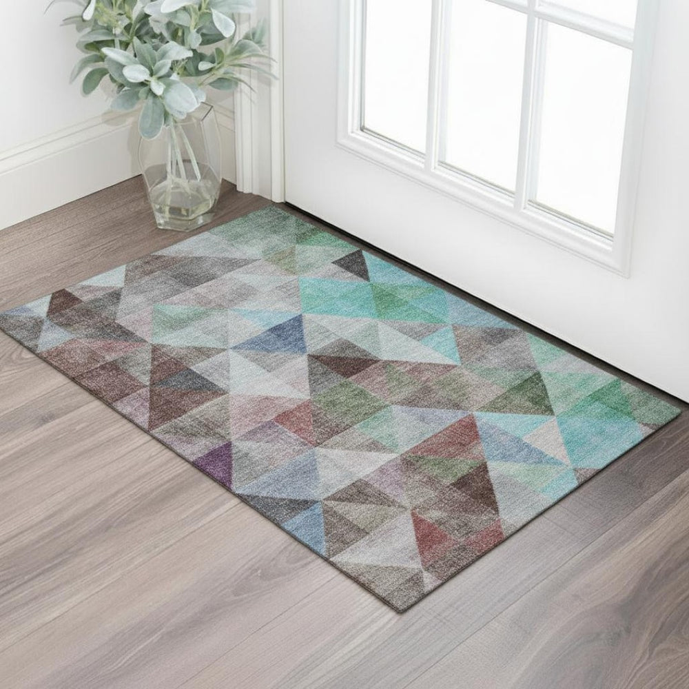 HomeRoots 5' X 8' Stylish Silver Purple Blue Geometric Washable Area Rug with UV Protection for Everyday Use 710737