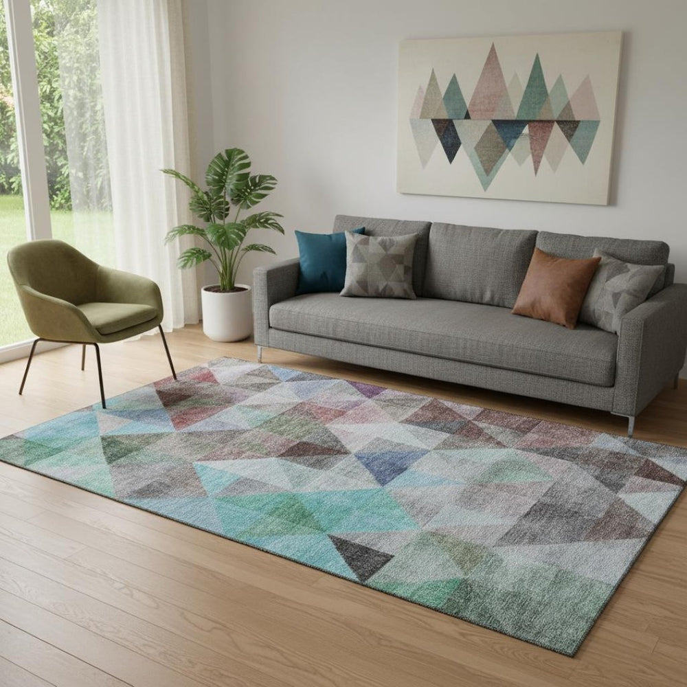 HomeRoots 8' Modern Geometric Washable Round Rug in Silver, Purple & Blue with UV Protection for Any Space 710738