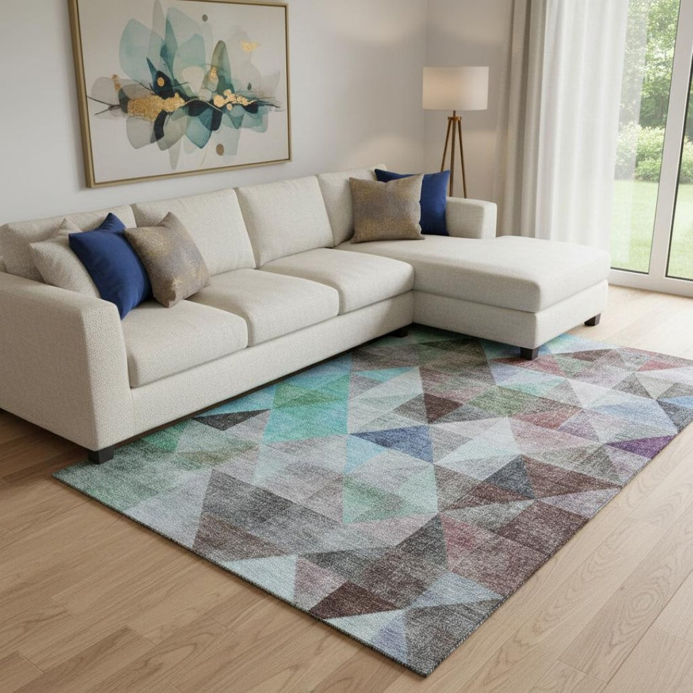 HomeRoots 9' X 12' Modern Silver Purple Blue Geometric Washable Area Rug with UV Protection for Durability 710740