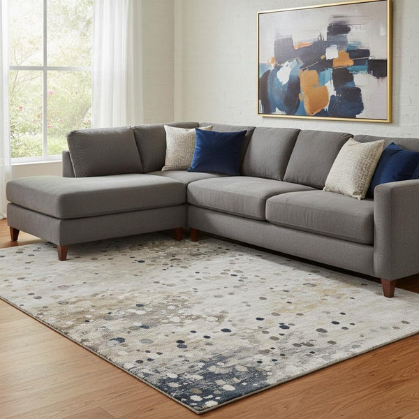 HomeRoots 9' X 12' Ivory Gold Gray Washable Area Rug with UV Protection - Modern Abstract Design for Homes 710752