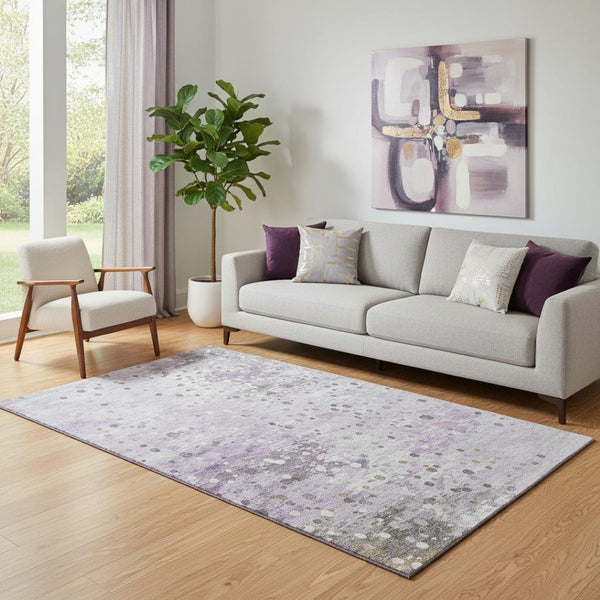 HomeRoots 8' Washable Lavender Gray & Ivory Abstract Round Rug with UV Protection, Perfect for Busy Homes! 710756
