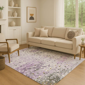 HomeRoots 8' Washable Lavender Gray & Ivory Abstract Round Rug with UV Protection, Perfect for Busy Homes! 710756