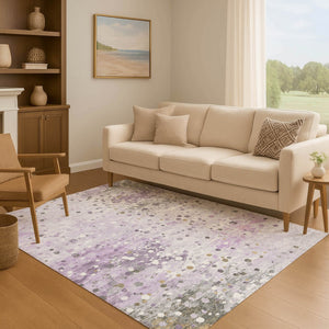 HomeRoots 8' Washable Lavender Gray & Ivory Abstract Round Rug with UV Protection, Perfect for Busy Homes! 710756