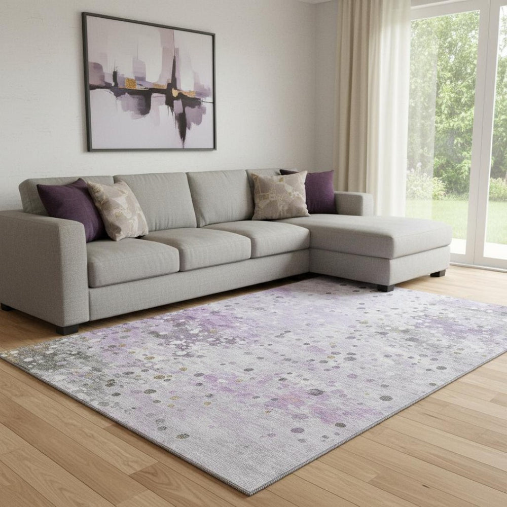 HomeRoots 9' X 12' Stylish Lavender Gray & Ivory Abstract Area Rug – Washable, UV Protected, Non-Slip Backing 710758