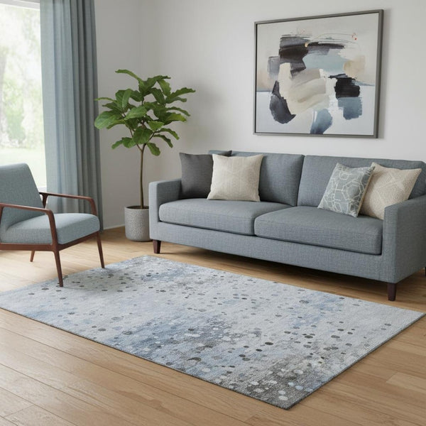 HomeRoots 8' Sky Blue Charcoal Ivory Abstract Washable Round Rug - Durable, Stain-Resistant, UV Safe Design 710762