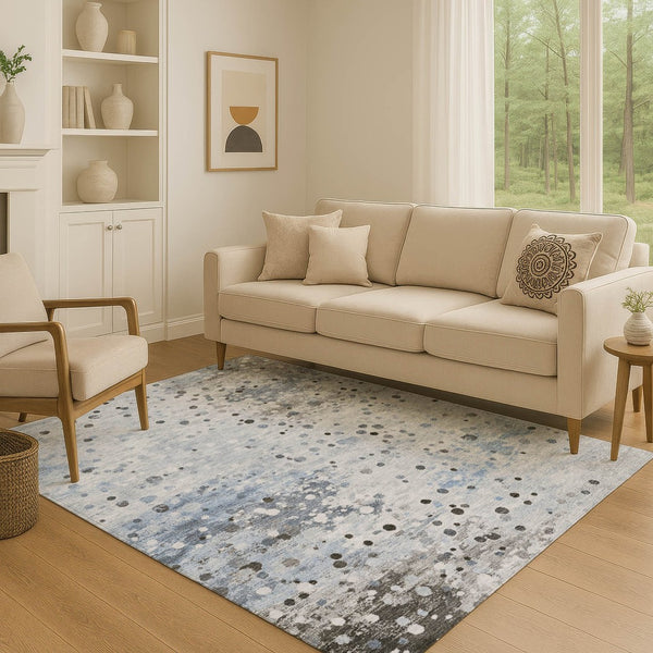 HomeRoots 8' Sky Blue Charcoal Ivory Abstract Washable Round Rug - Durable, Stain-Resistant, UV Safe Design 710762