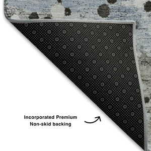 HomeRoots 8' Sky Blue Charcoal Ivory Abstract Washable Round Rug - Durable, Stain-Resistant, UV Safe Design 710762