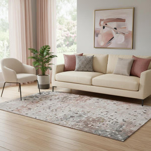 HomeRoots 8' Salmon Ivory and Gray Abstract Round Rug - Stylish, Washable, UV Protected, Perfect for Families 710768