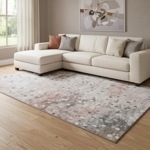 HomeRoots 9' X 12' Salmon Ivory and Gray Abstract Area Rug - Washable, UV Protected, Stain Resistant for Homes 710770