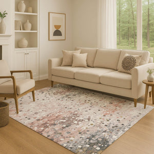 HomeRoots 9' X 12' Salmon Ivory and Gray Abstract Area Rug - Washable, UV Protected, Stain Resistant for Homes 710770
