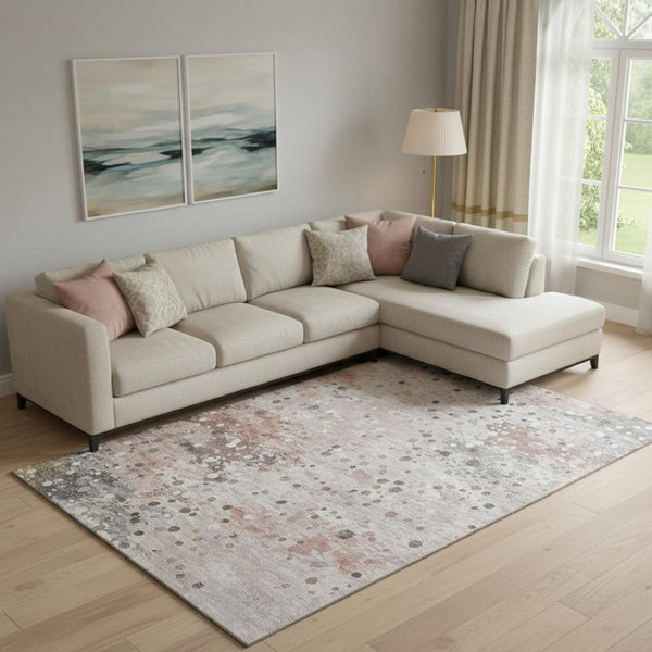 HomeRoots 10' Contemporary Salmon, Ivory & Gray Abstract Washable Area Rug with UV Protection for Homes 710771