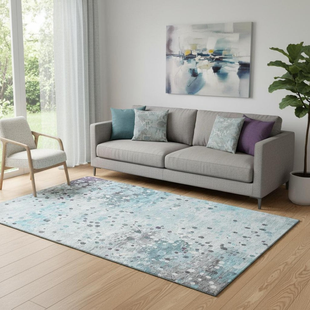 HomeRoots 8' Teal Gray Ivory Abstract Washable Round Rug - Durable, Stain-Resistant, UV Protected for High Traffic 710774