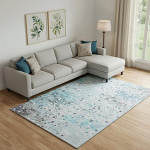 HomeRoots 10' X 14' Teal Gray Ivory Abstract Washable Area Rug – Stylish, Stain Resistant & UV Protected! 710777