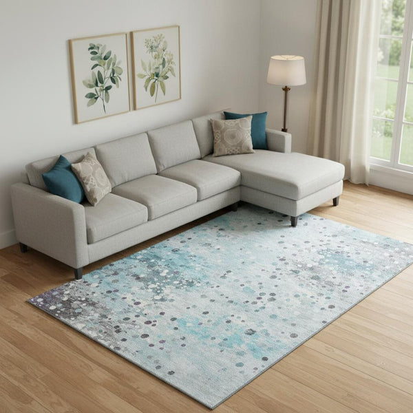 HomeRoots 10' X 14' Teal Gray Ivory Abstract Washable Area Rug – Stylish, Stain Resistant & UV Protected! 710777