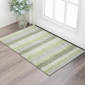 HomeRoots 5' x 8' Artichoke Green Striped Washable Area Rug - Durable, UV-Protected, Pet-Friendly Design! 710779