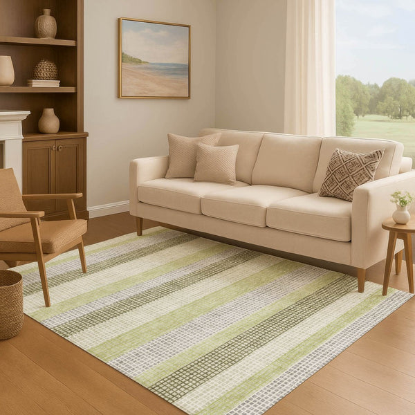 HomeRoots 5' x 8' Artichoke Green Striped Washable Area Rug - Durable, UV-Protected, Pet-Friendly Design! 710779