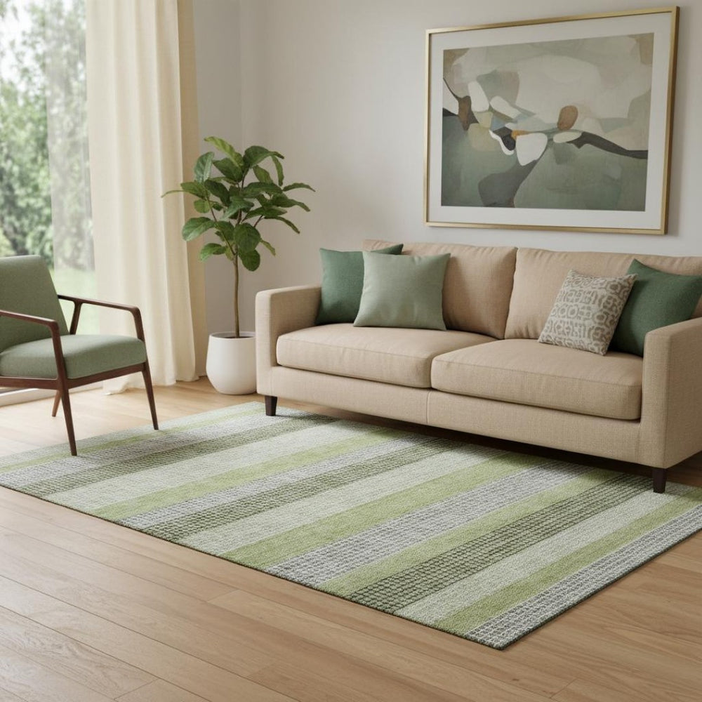 HomeRoots 8' Stylish Artichoke Green, Ivory & Gray Striped Washable Round Rug with UV Protection & Non-Slip Backing 710780