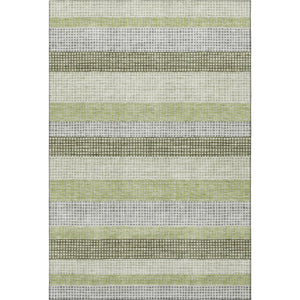 HomeRoots 8' Stylish Artichoke Green, Ivory & Gray Striped Washable Round Rug with UV Protection & Non-Slip Backing 710780