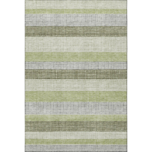 HomeRoots 8' Stylish Artichoke Green, Ivory & Gray Striped Washable Round Rug with UV Protection & Non-Slip Backing 710780