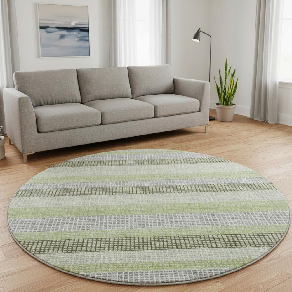 HomeRoots 8' X 10' Artichoke Green, Ivory & Gray Striped Washable Area Rug - Durable, UV-Protected Design! 710781
