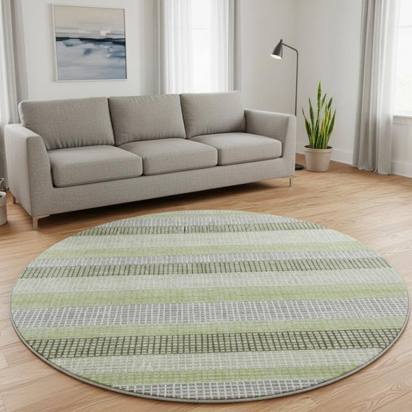 HomeRoots 8' X 10' Artichoke Green, Ivory & Gray Striped Washable Area Rug - Durable, UV-Protected Design! 710781