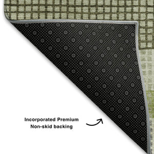 HomeRoots 8' X 10' Artichoke Green, Ivory & Gray Striped Washable Area Rug - Durable, UV-Protected Design! 710781