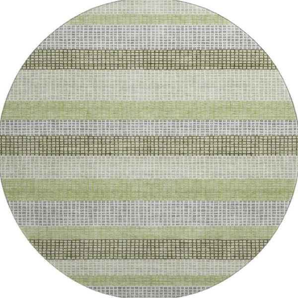 HomeRoots 8' X 10' Artichoke Green, Ivory & Gray Striped Washable Area Rug - Durable, UV-Protected Design! 710781