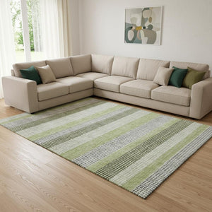 HomeRoots 9' X 12' Artichoke Green Ivory & Gray Striped Washable Area Rug - Durable, UV-Protected & Stylish 710782