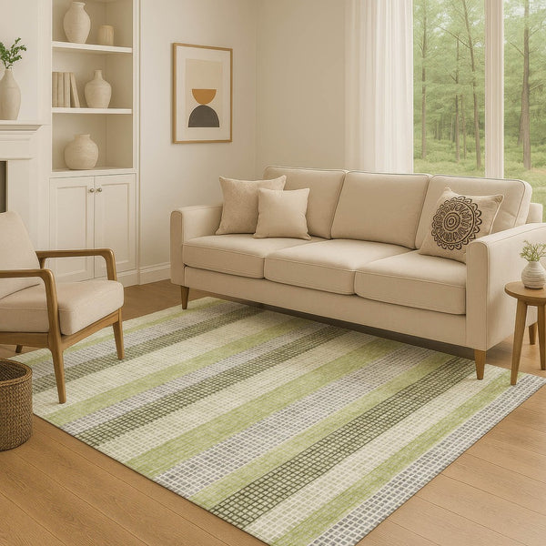 HomeRoots 9' X 12' Artichoke Green Ivory & Gray Striped Washable Area Rug - Durable, UV-Protected & Stylish 710782
