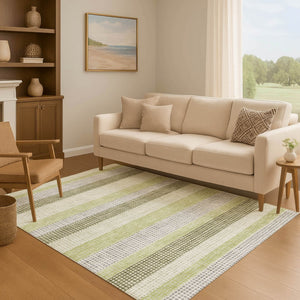 HomeRoots 9' X 12' Artichoke Green Ivory & Gray Striped Washable Area Rug - Durable, UV-Protected & Stylish 710782