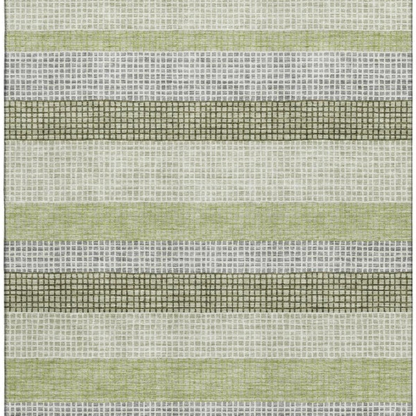HomeRoots 9' X 12' Artichoke Green Ivory & Gray Striped Washable Area Rug - Durable, UV-Protected & Stylish 710782