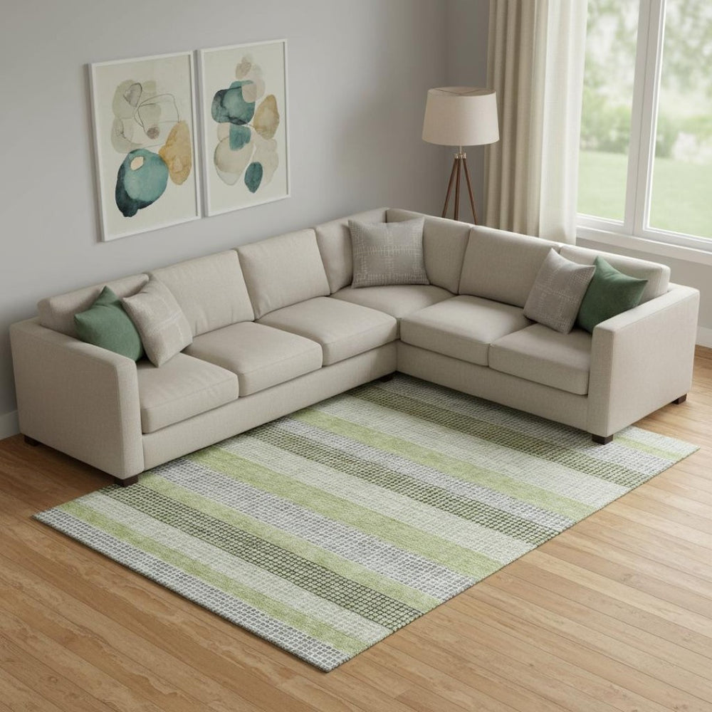 HomeRoots 10' X 14' Artichoke Green Ivory Gray Striped Washable Area Rug with Stain Resistance & UV Protection 710783