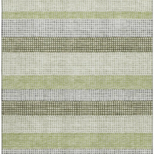 HomeRoots 10' X 14' Artichoke Green Ivory Gray Striped Washable Area Rug with Stain Resistance & UV Protection 710783