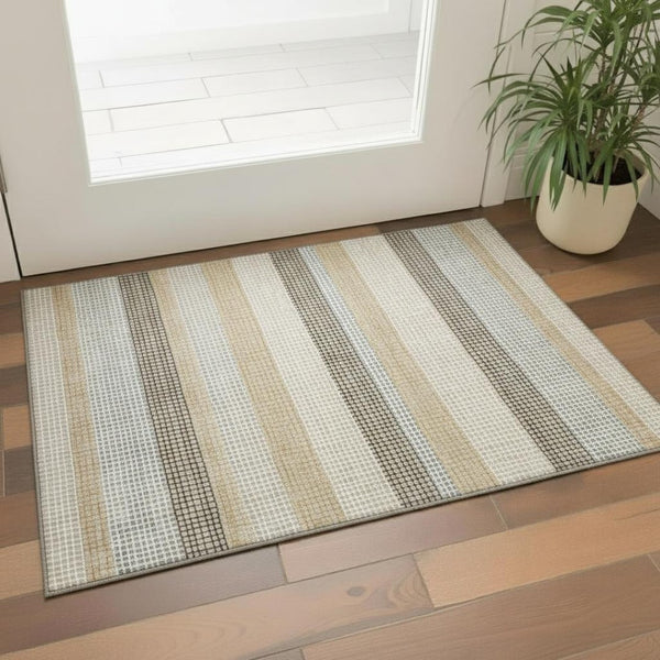 HomeRoots 5' X 8' Striped Area Rug in Beige, Ivory & Chocolate - Washable, UV Protected & Non-Slip Backing 710785