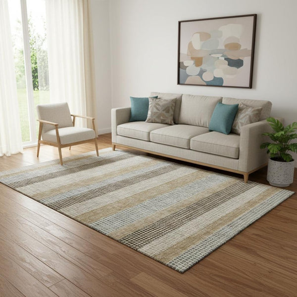 HomeRoots 8' Washable Round Rug in Beige, Ivory & Chocolate Stripes - Durable, UV-Protected, Non-Slip Design 710786