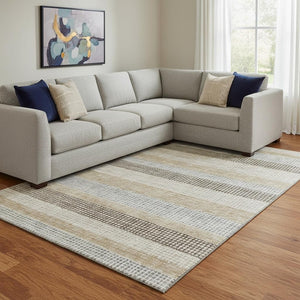 HomeRoots 9' X 12' Beige Ivory Chocolate Striped Washable Area Rug - Durable, UV-Protected, Stylish & Cozy 710788