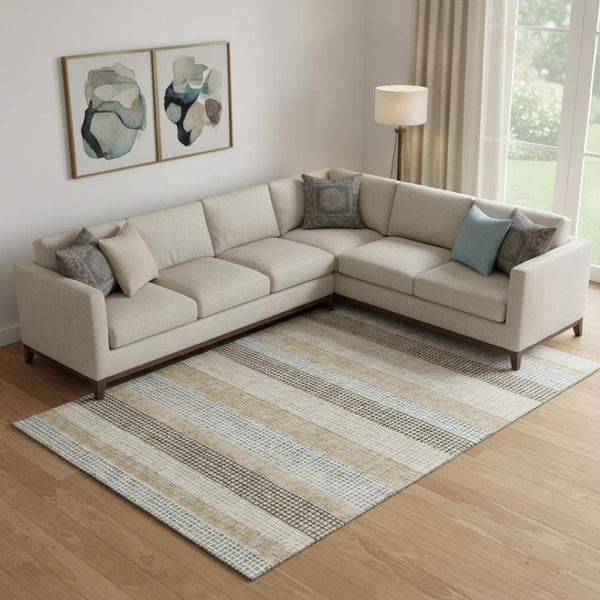 HomeRoots 10' X 14' Washable Beige, Ivory & Chocolate Striped Area Rug with UV Protection for Active Homes 710789