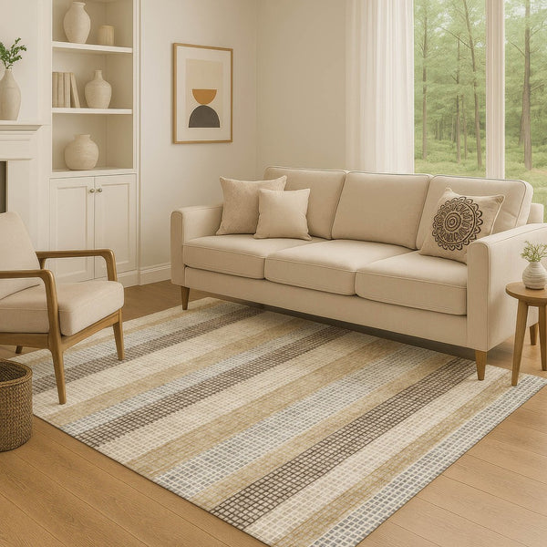 HomeRoots 10' X 14' Washable Beige, Ivory & Chocolate Striped Area Rug with UV Protection for Active Homes 710789