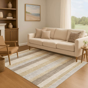 HomeRoots 10' X 14' Washable Beige, Ivory & Chocolate Striped Area Rug with UV Protection for Active Homes 710789