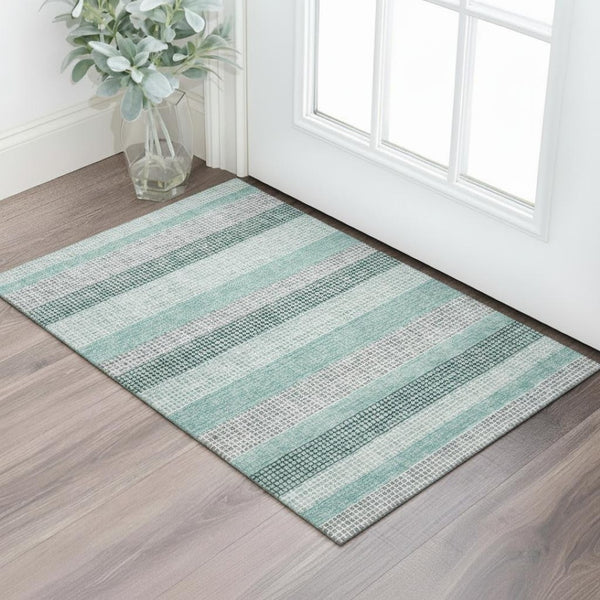 HomeRoots 5' X 8' Stylish Teal Ivory Gray Striped Area Rug - Washable, UV Protected, Stain Resistant Design 710791
