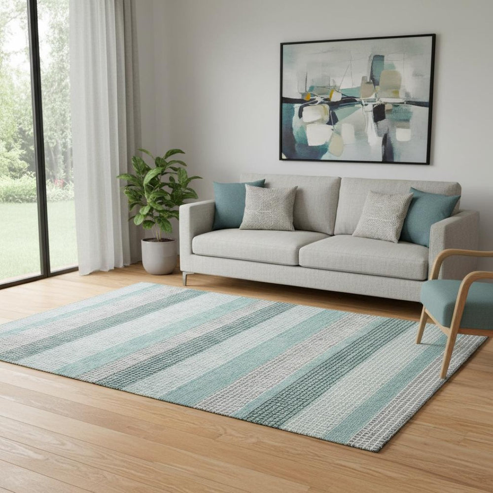 HomeRoots 8' Teal Ivory and Gray Striped Round Rug - Washable, UV-Protected, Non-Slip for Family Spaces 710792