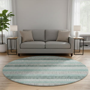 HomeRoots 8' X 10' Teal, Ivory & Gray Striped Area Rug - Washable, UV-Protected, & Perfect for Family Spaces! 710793