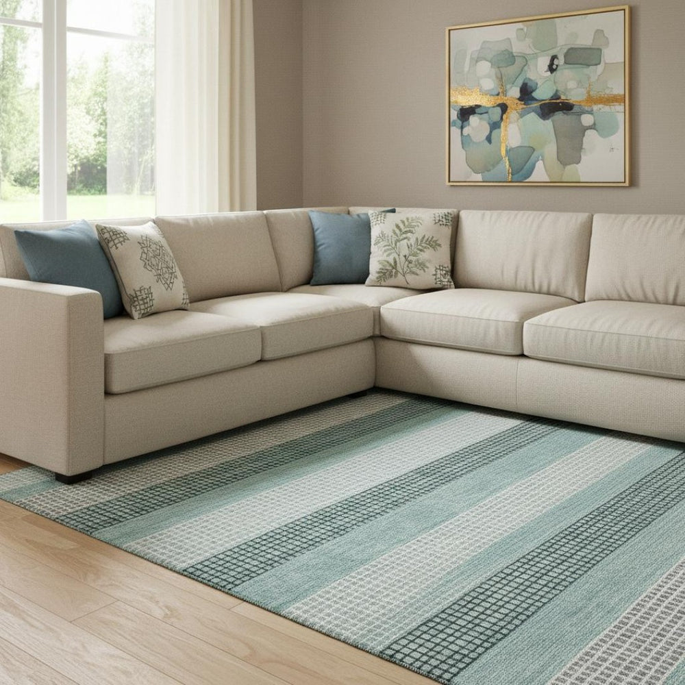 HomeRoots 9' X 12' Stylish Teal Ivory & Gray Striped Washable Area Rug with UV Protection for High-Traffic Spaces 710794