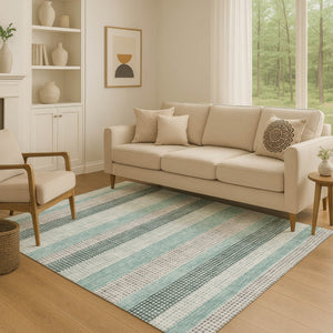 HomeRoots 9' X 12' Stylish Teal Ivory & Gray Striped Washable Area Rug with UV Protection for High-Traffic Spaces 710794