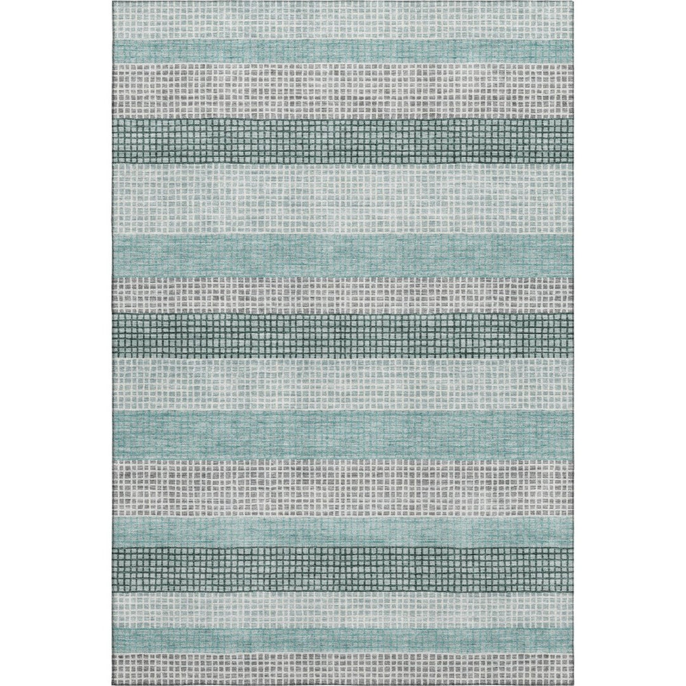HomeRoots 9' X 12' Stylish Teal Ivory & Gray Striped Washable Area Rug with UV Protection for High-Traffic Spaces 710794