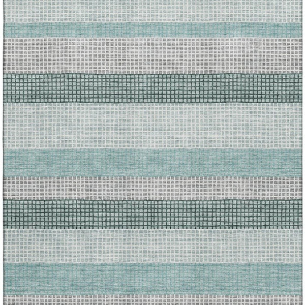 HomeRoots 9' X 12' Stylish Teal Ivory & Gray Striped Washable Area Rug with UV Protection for High-Traffic Spaces 710794