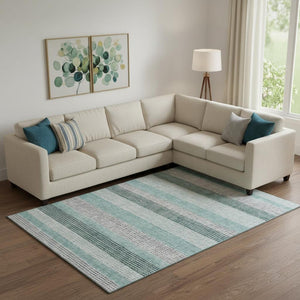 HomeRoots 10' X 14' Teal Ivory & Gray Striped Washable Area Rug with UV Protection for Busy Homes & Style 710795