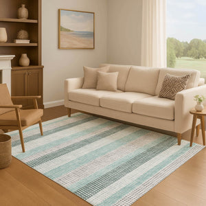 HomeRoots 10' X 14' Teal Ivory & Gray Striped Washable Area Rug with UV Protection for Busy Homes & Style 710795