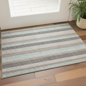 HomeRoots 5' X 8' Stylish Taupe Ivory & Brown Striped Washable Area Rug | Durable, UV-Protected & Easy-Care 710797