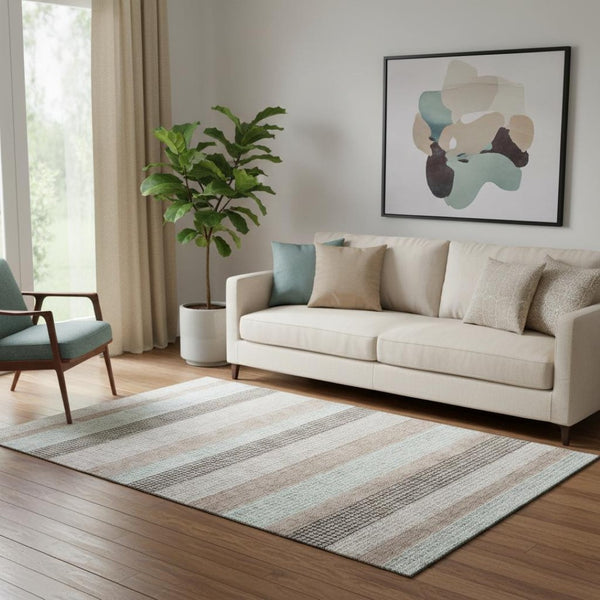 HomeRoots 8' Stylish Taupe Ivory Brown Striped Washable Round Rug with UV Protection for High-Traffic Areas 710798